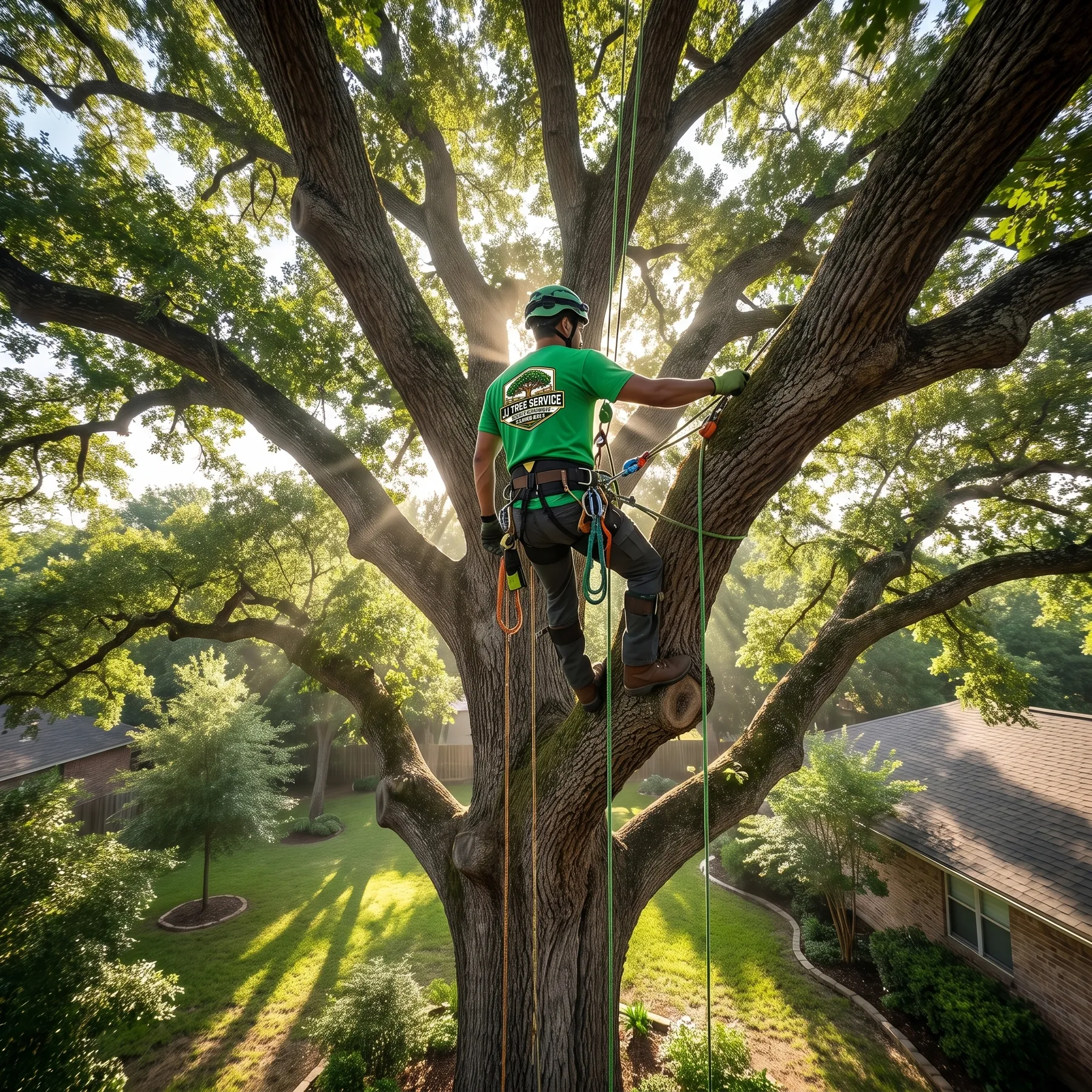 Tree climber working in a large oak