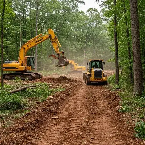 Excavator and loader clearing land