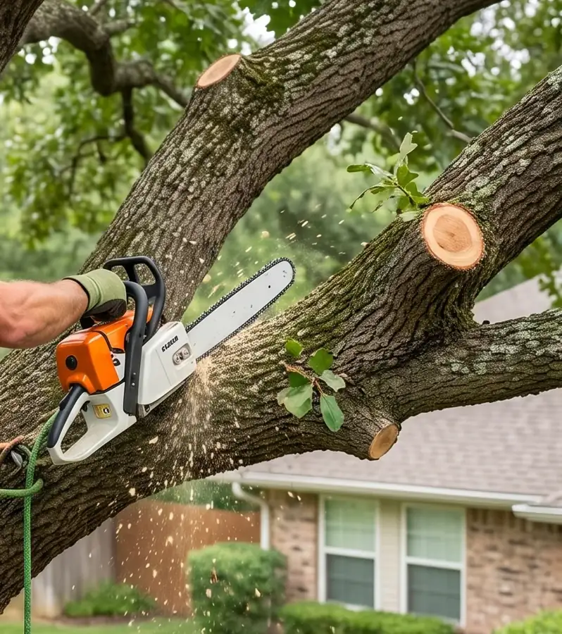 Trimming a large branch with a chainsaw