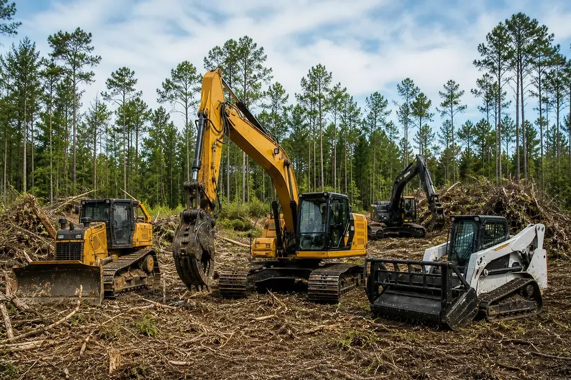 Excavator, dozer and mulcher clearing a pine lot